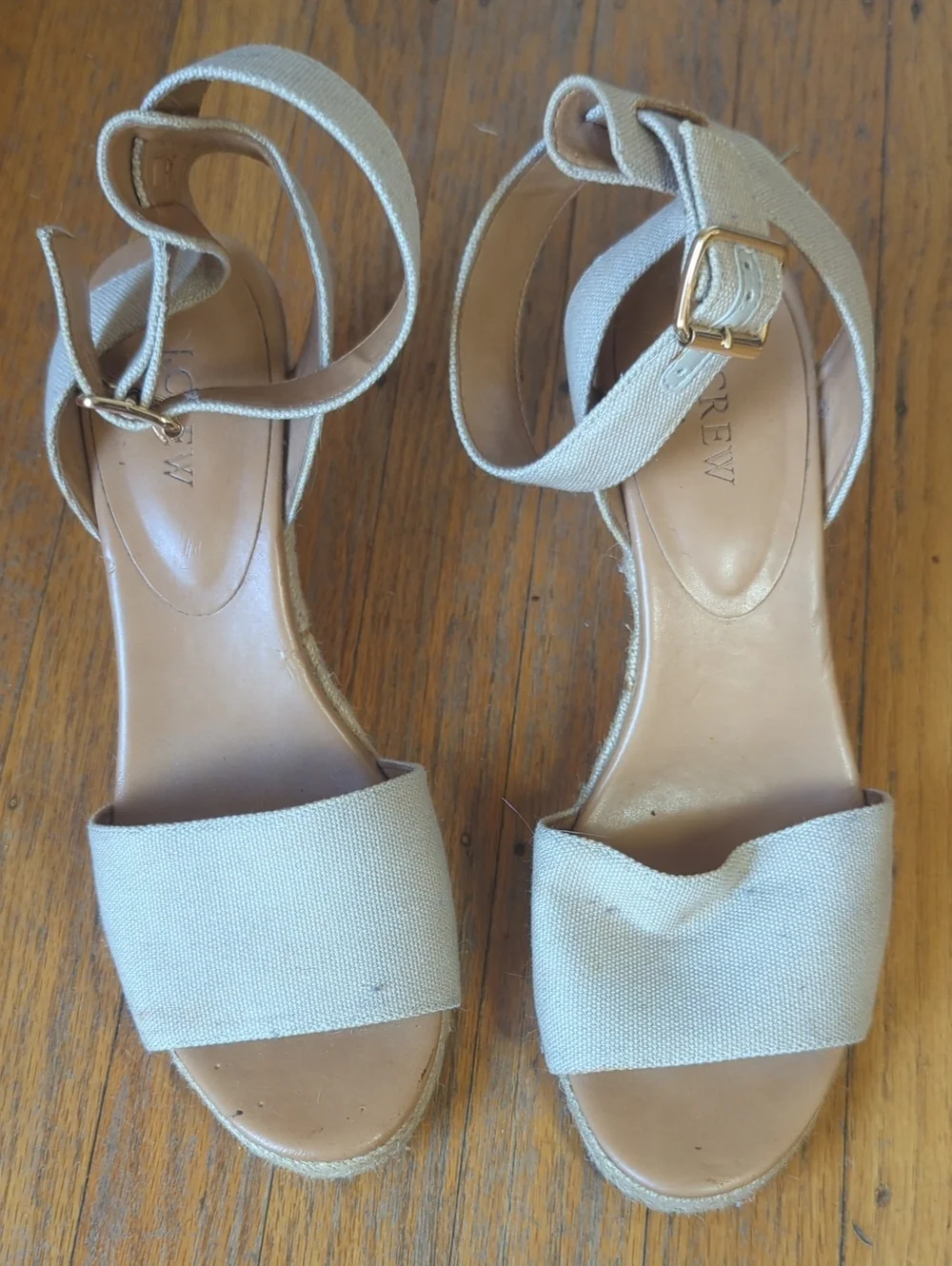 J. Crew Beige Canvas Espadrille Wedge Sandals with Ankle Tie
